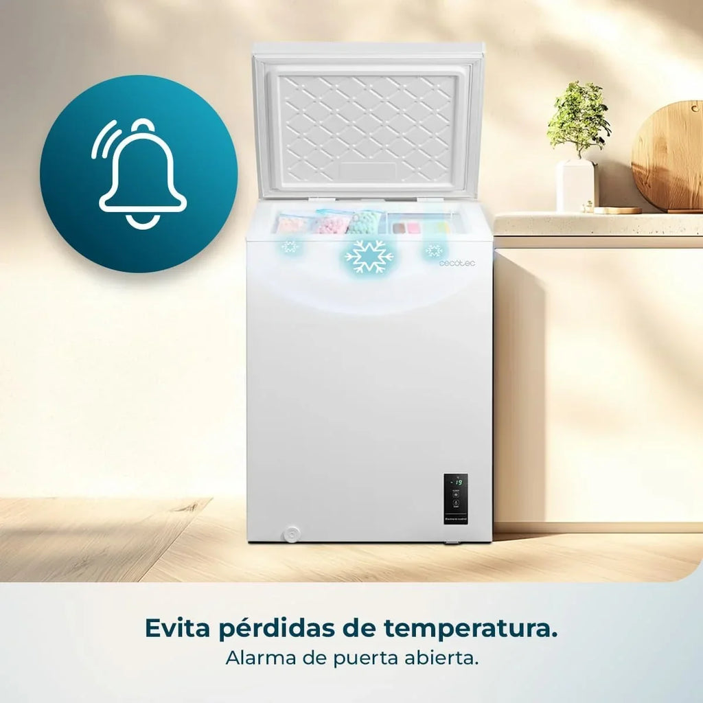 Congelador Horizontal Cecotec 143L Bolero CoolMarket Chest 143P Blanco E. Cesta con asas, control electrónico LED, UltraContact D-Cool, función dual, puerta ZeroG (80º-30º), congelación rápida, compacto