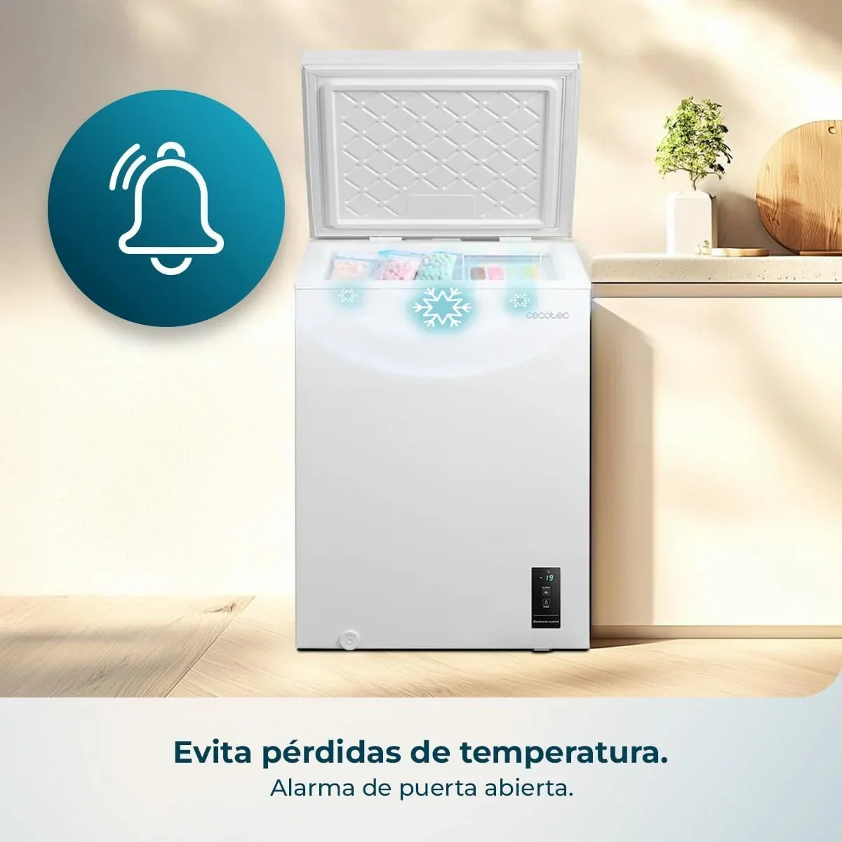 Congelador Horizontal Cecotec 143L Bolero CoolMarket Chest 143P Blanco E. Cesta con asas, control electrónico LED, UltraContact D-Cool, función dual, puerta ZeroG (80º-30º), congelación rápida, compacto