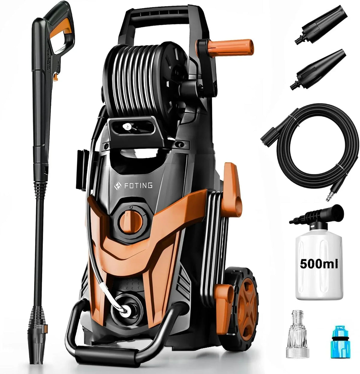 Limpiadora de alta presión 180 bares 450 l/h con manguera de alta presión de 7 m, enrollador de manguera, depósito de detergente de 500 ml y boquilla 6 en 1