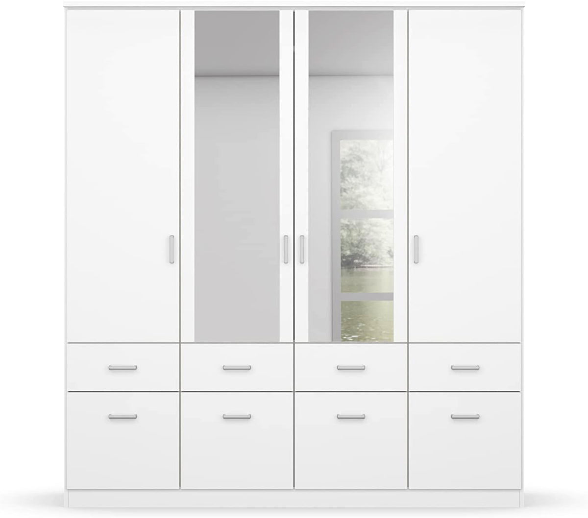 Armario de puertas batientes Rauch Möbel Bremen, armario ropero en blanco con 2 espejos y 8 cajones, 4 puertas, incluye paquete de accesorios Basic, 1 barra de armario, 4 estantes, ancho x alto x profundidad 181x199x58 cm