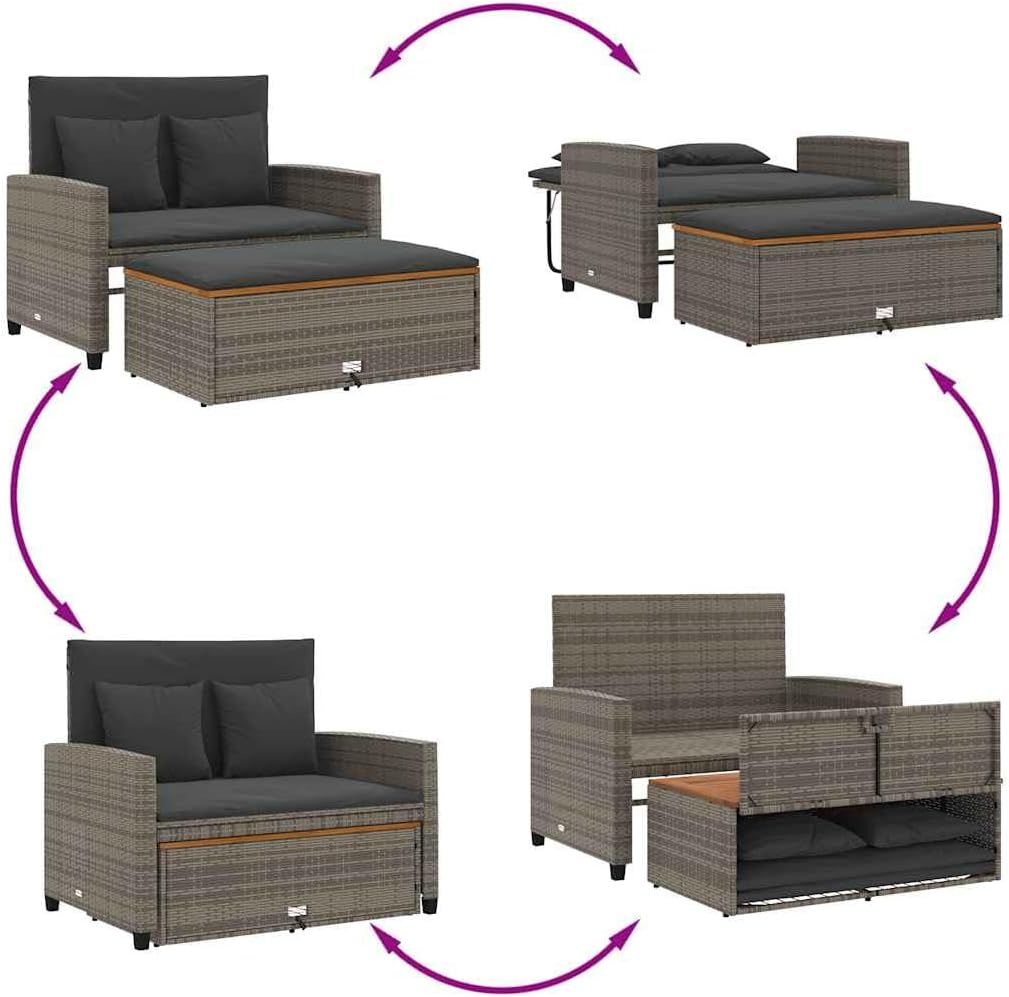 Sofá de jardín de 2 plazas vidaXL con cojines, sofá de exterior con taburete con almacenamiento, sofá con funda extraíble, muebles de jardín, juego de jardín, ratán sintético gris y madera de acacia