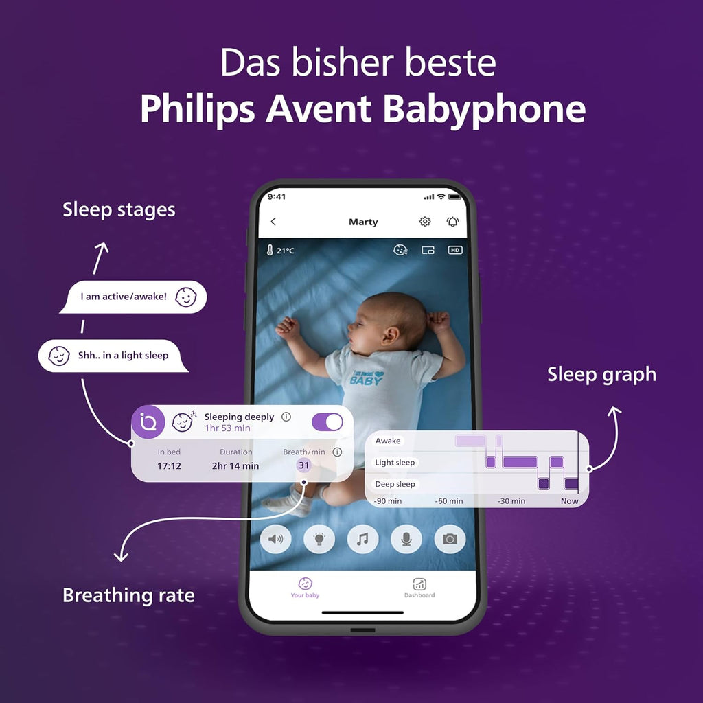 Vigilabebés con vídeo conectado PHILIPS Avent con Wi-Fi, cámara HD de alta calidad, visión nocturna por infrarrojos, detección de llanto, función de comunicación bidireccional, 12 horas de duración de la batería en modo Eco, modelo SCD951/26