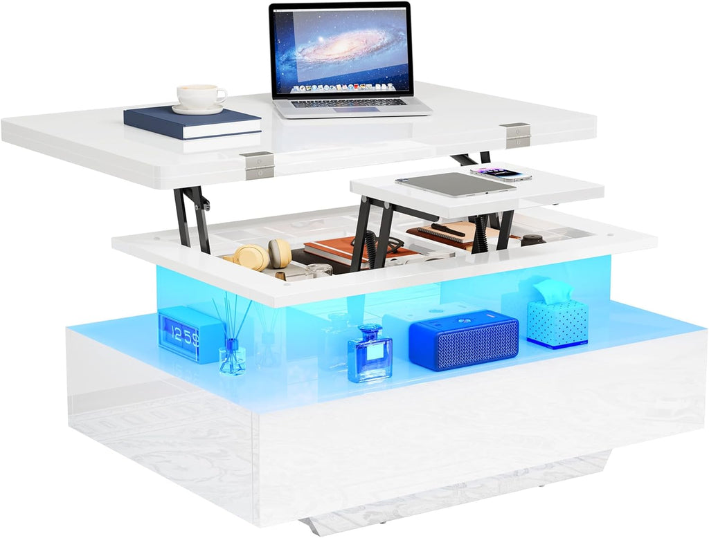Mesa de centro elevable YITAHOME, mesa de salón de alto brillo con 2 cajones y LED, mesa de centro con compartimento oculto, mesa de café convertible en mesa de comedor