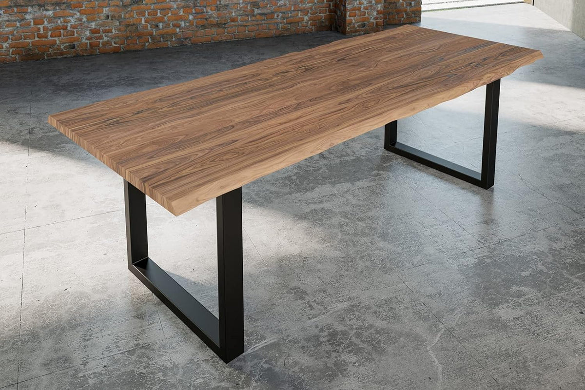 Mesa de comedor SAM 240x100 cm Lauren, mesa de madera de acacia con borde natural, maciza + color piedra, base metálica en U negra, mesa de comedor con borde de árbol real