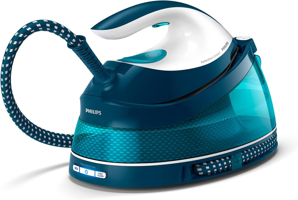 Centro de planchado Philips PerfectCare Compact Plus - 2400W, 400g, presión de 6,5 bares, tecnología OptimalTEMP, depósito de 1,5 L, azul/blanco (GC7844/20)