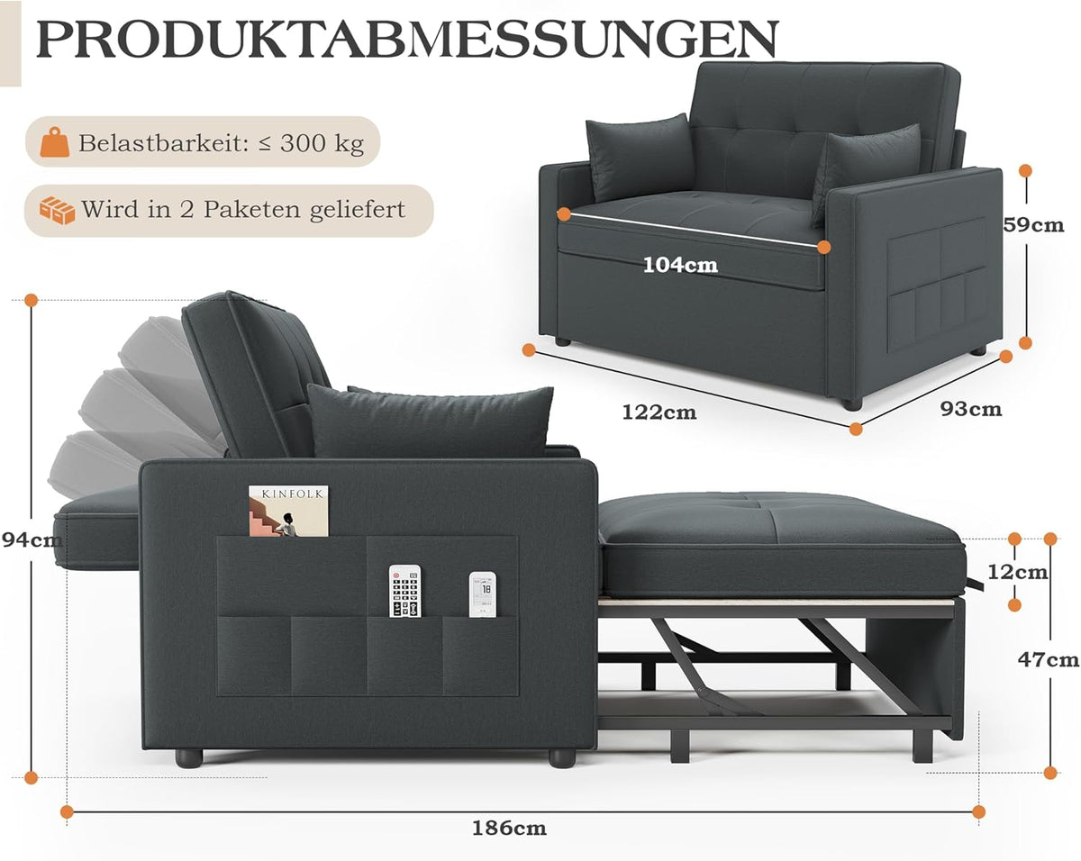 Sofá cama LUXOAK 186 x 122 cm con respaldo ajustable en 5 niveles, sofá cama 3 en 1 con cojines y bolsillo lateral, sofá de lino gris para habitación de invitados y espacios pequeños