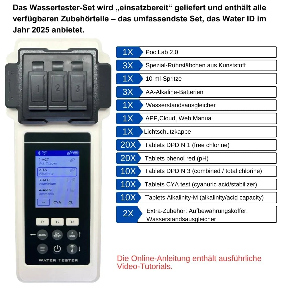 Analizador de agua para piscina 2.0, kit de 27 parámetros, Wi-Fi, Bluetooth, aplicación, medidor para piscina, spa y jacuzzi, incl. maletín y compensador de nivel de agua