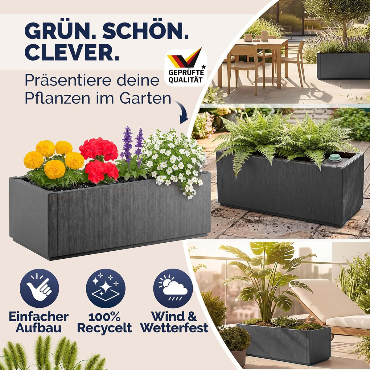 Jardinera Ethica, set de 4 unidades, 80 L, 80x36x35 cm, macetero de plástico con base de drenaje, resistente a las heladas