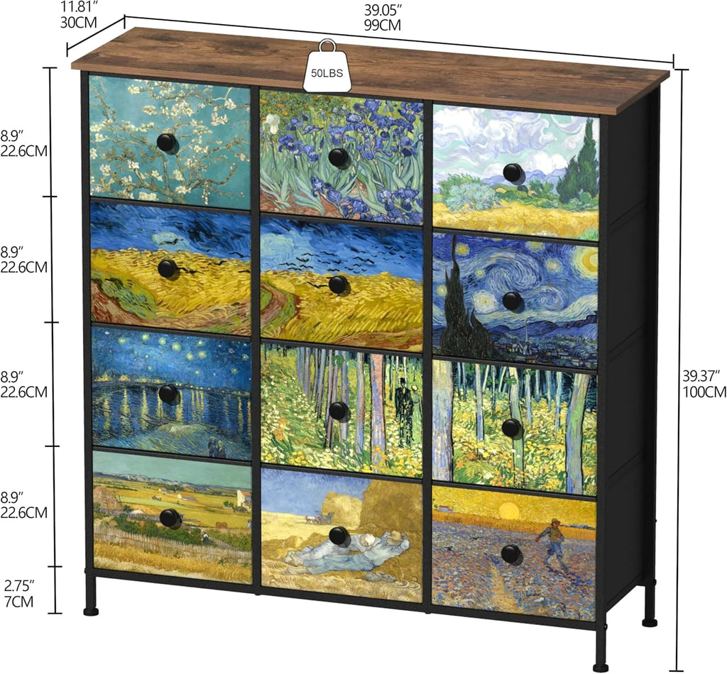 VEDECASA - Wąska, wysoka komoda z 12 szufladami, motyw Van Gogh, do pokoju dziecięcego, salonu, korytarza, sypialni, biura, struktura metalowa i panel drewniany
