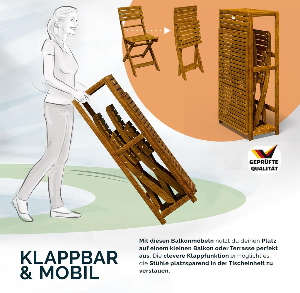 Set de balcón Casaria® para 2 personas, resistente a la intemperie, plegable, madera con certificación FSC®, capacidad de carga de 160 kg, 94x61x117 cm, para jardín, balcón, terraza, 3 piezas, muebles de balcón