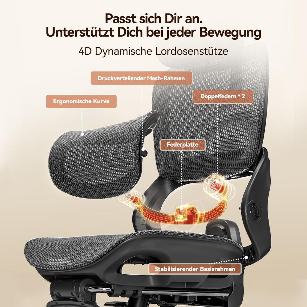 Silla de oficina ergonómica con soporte lumbar ajustable y reposacabezas B100 Lite, inclinación de 90-135°, silla giratoria de malla, 72x70x112 cm