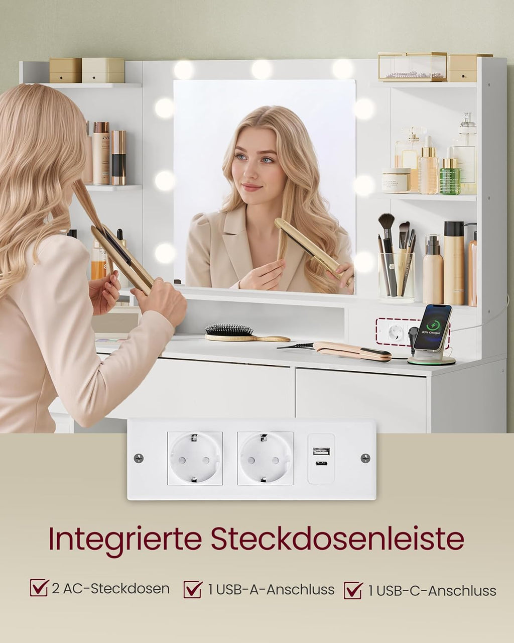 Colección VASAGLE Kailyn - Tocador con espejo y luces LED, regleta de enchufes, 9 cajones, 9 bombillas regulables, 3 colores de luz, rieles deslizantes sin herramientas, blanco nube RDT141WB02