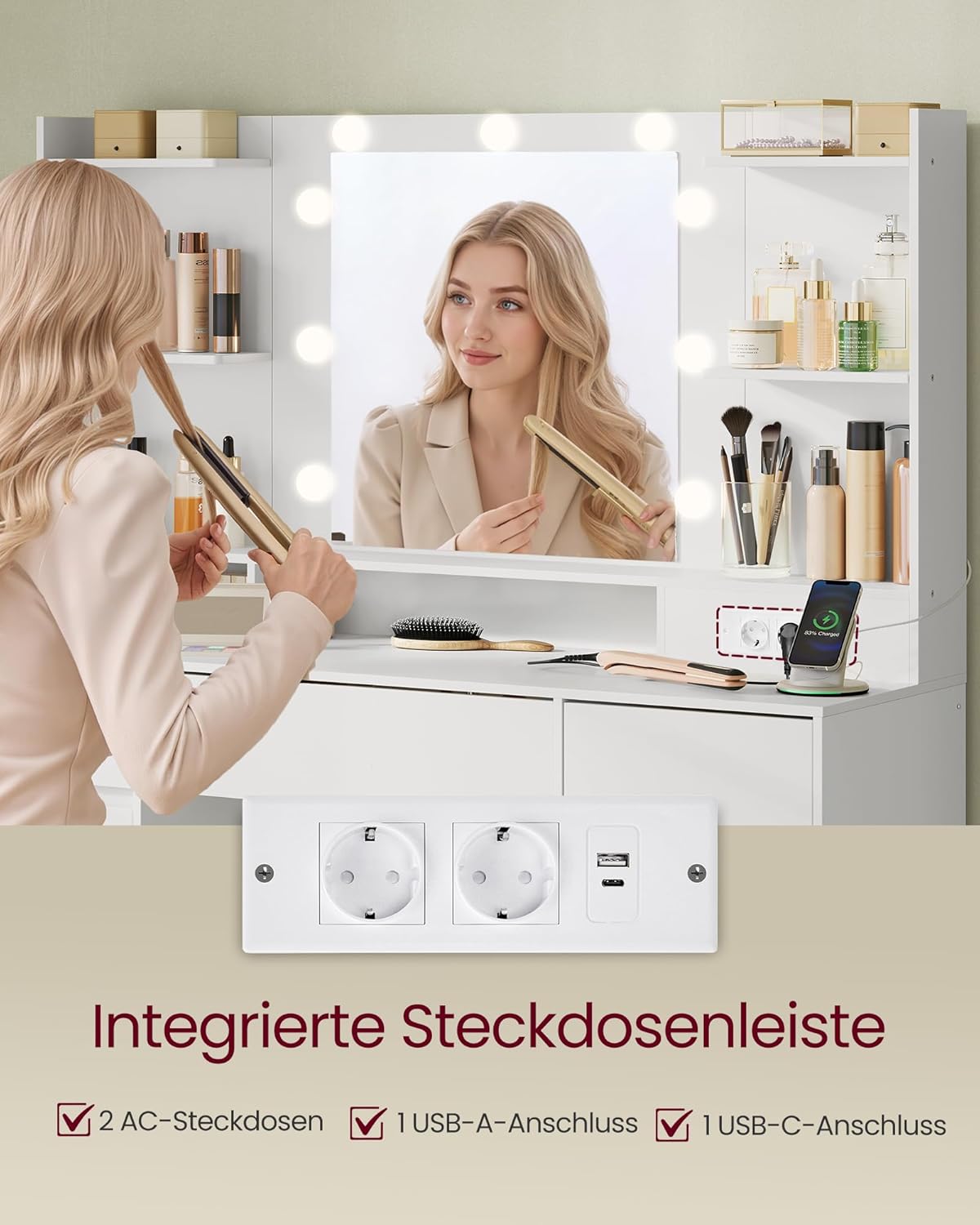 Colección VASAGLE Kailyn - Tocador con espejo y luces LED, regleta de enchufes, 9 cajones, 9 bombillas regulables, 3 colores de luz, rieles deslizantes sin herramientas, blanco nube RDT141WB02