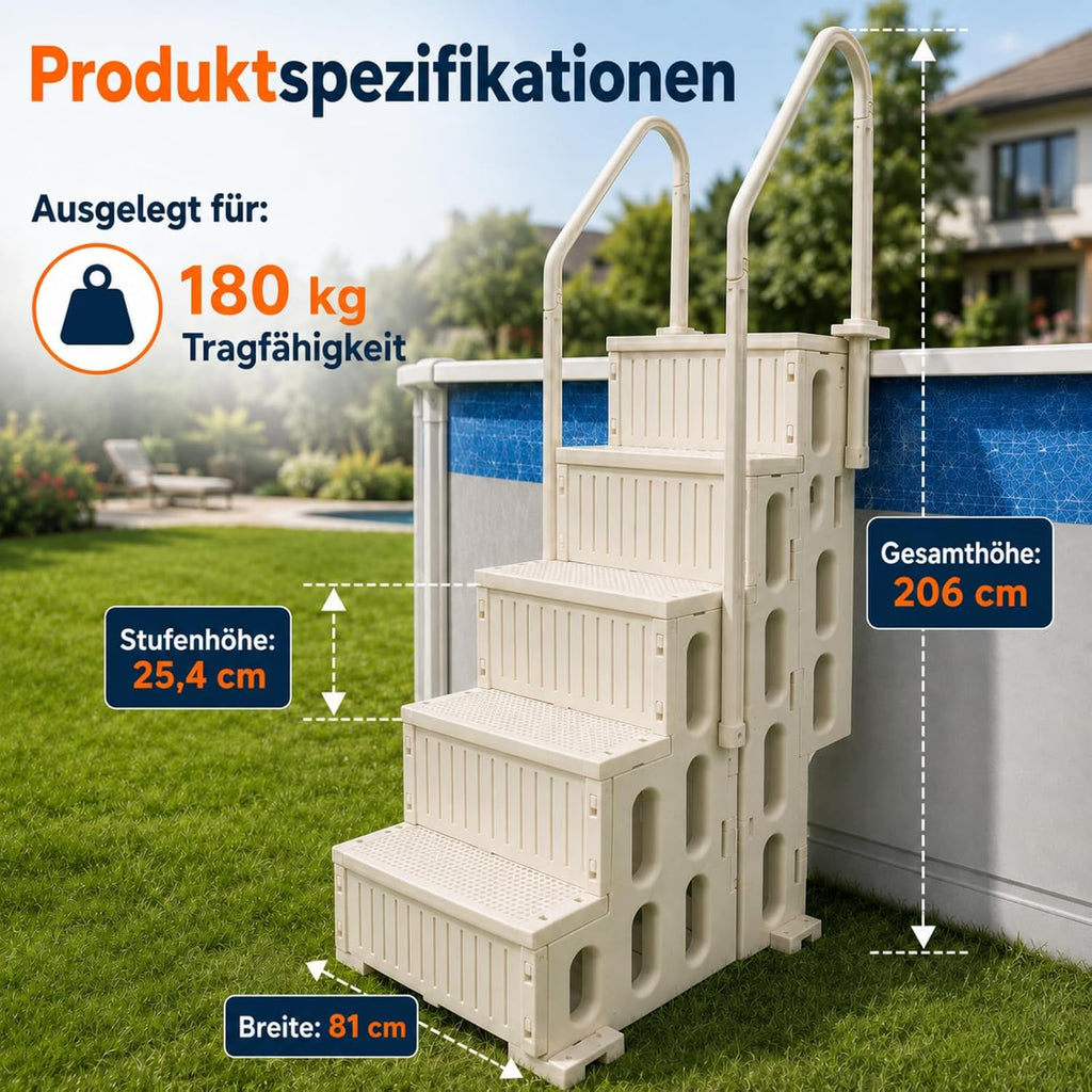 Escalera de piscina de 4 peldaños, escalera de piscina de HDPE blanca con pasamanos doble y antideslizante, capacidad de carga máxima de 180 kg para piscinas desmontables de 122–137 cm, piscina de jardín, piscinas enterradas, familias y personas mayores