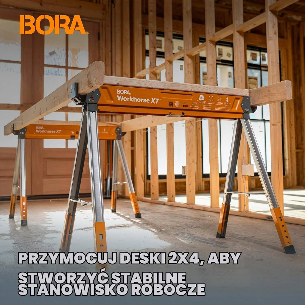 BORA Koń pociągowy XT Piła konie, składana, wytrzymała, regulowana wysokość, para z regulowanymi nogami, wytrzymała piła dla wykonawców, przenośny stół warsztatowy z wbudowanym otwieraczem do butelek
