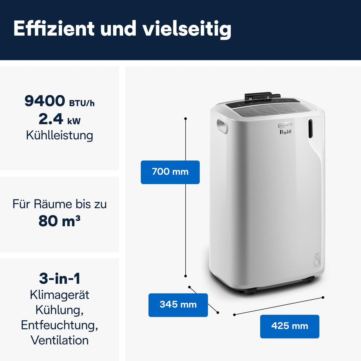 De'Longhi Pinguino PAC EM82, aire acondicionado portátil para habitaciones de hasta 80 m³, 9.400 BTU, 2,4 kW, 63 dB, función de deshumidificación, clase energética A, temporizador 24 h, blanco