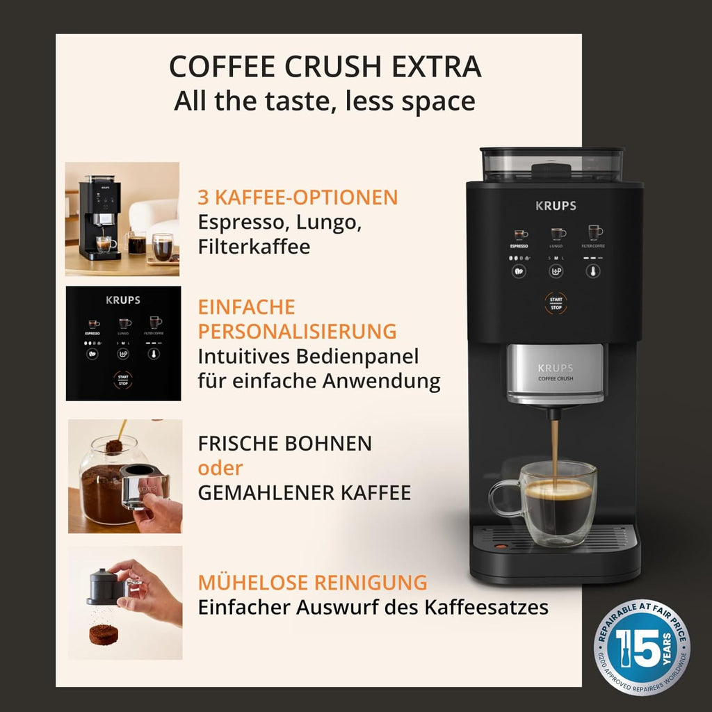 Cafetera superautomática Krups Coffee Crush Extra, molinillo de acero inoxidable para café recién molido, solo 15 cm de ancho, panel de control inteligente, también para café premolido, fácil limpieza, negro, SA4028E0