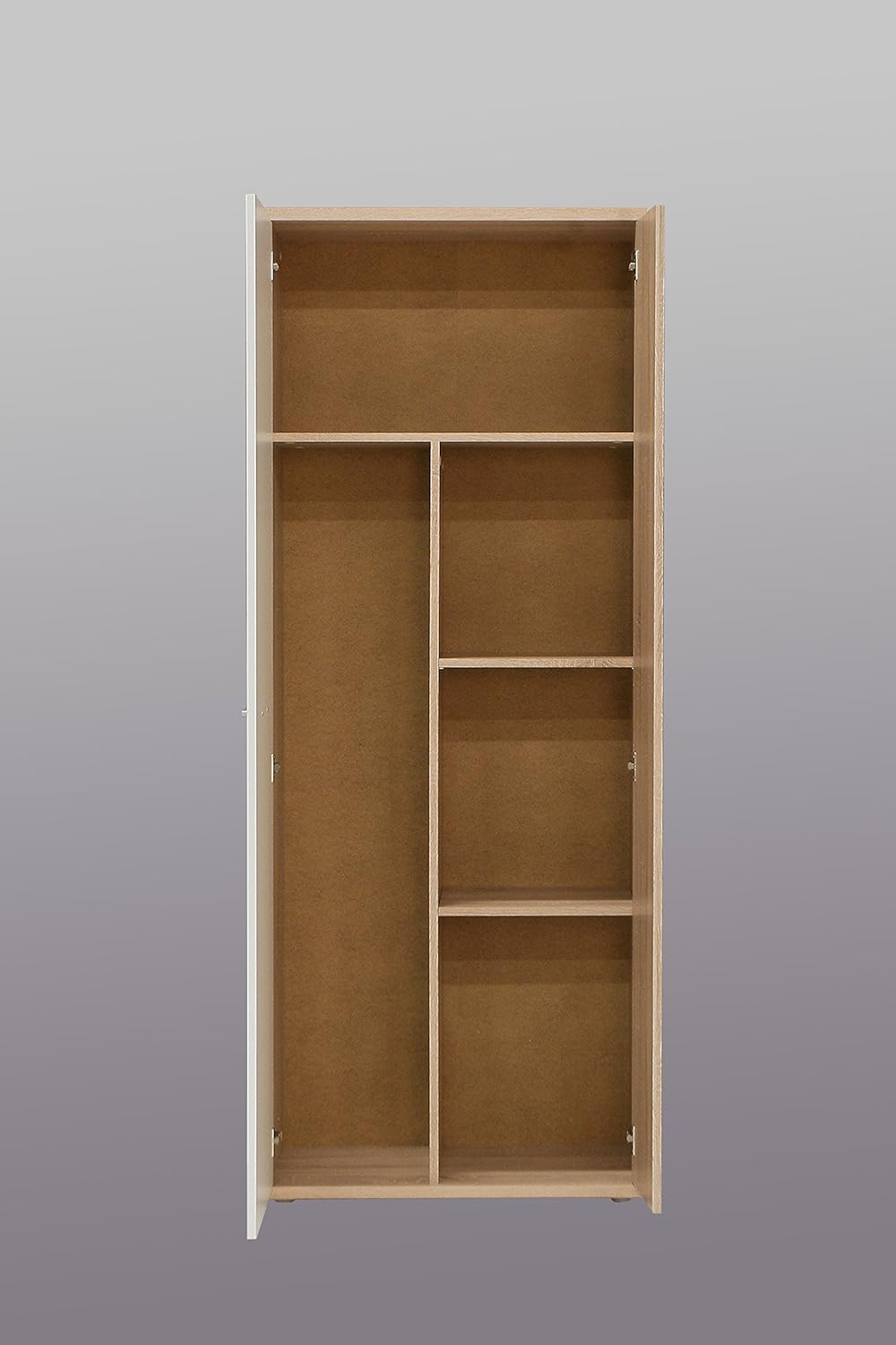 FORTE NET106 Armario 70 180, armario multiusos pequeño, armario para aspiradora, trastero, 2 puertas con estantes, blanco con decoración de madera: roble Sonoma, 69 cm de ancho x 179 cm de alto x 35 cm de profundidad