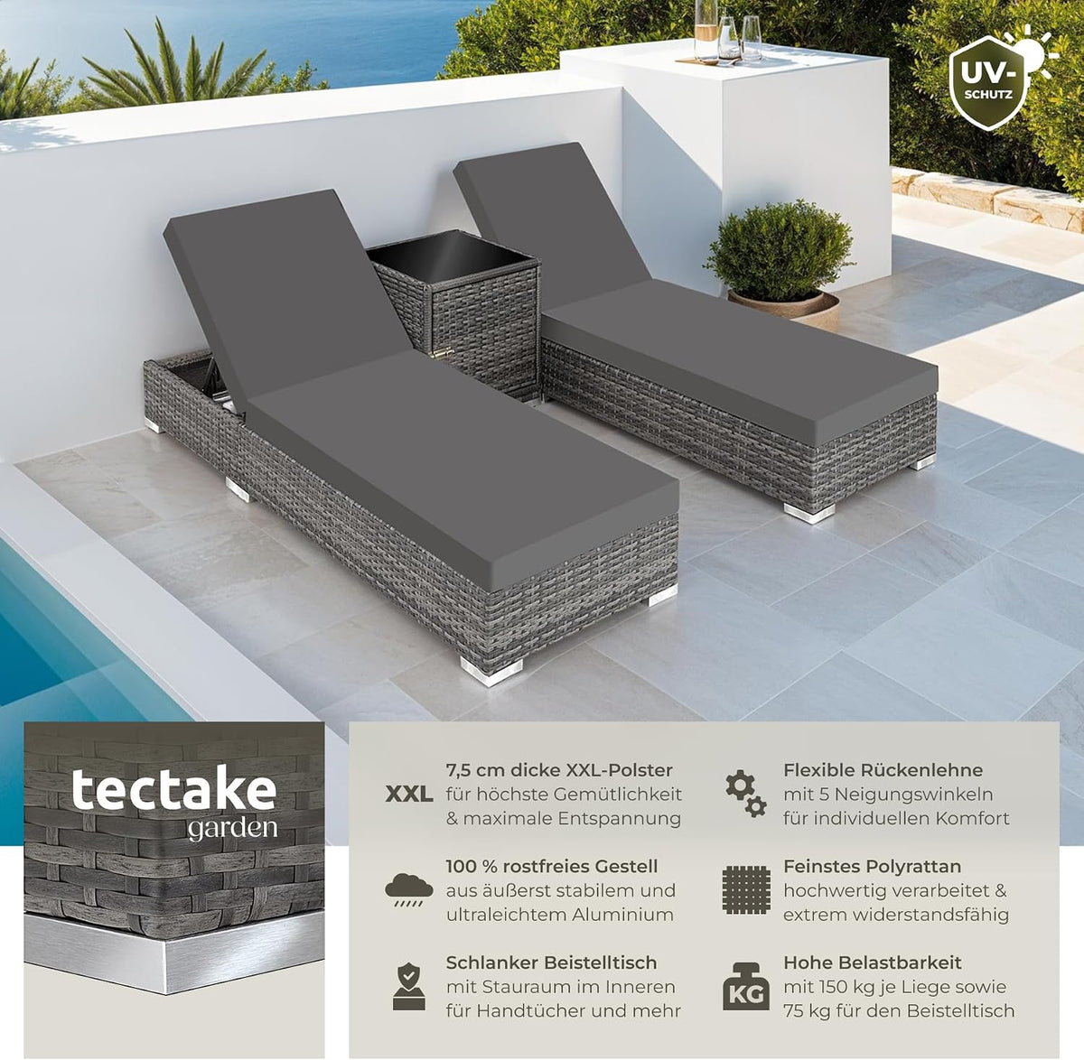 Set de 2 tumbonas con mesa 403088 de aluminio y ratán sintético, ajustables en 5 posiciones, incl. funda protectora, gris