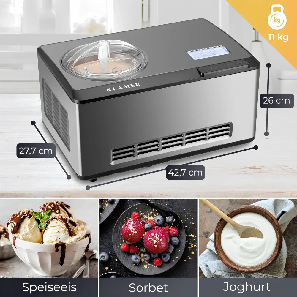 Máquina para hacer helados 2 en 1 con compresor, 2 L, 180 W, acero inoxidable, función de refrigeración y calentamiento, máquina para hacer yogur y helado