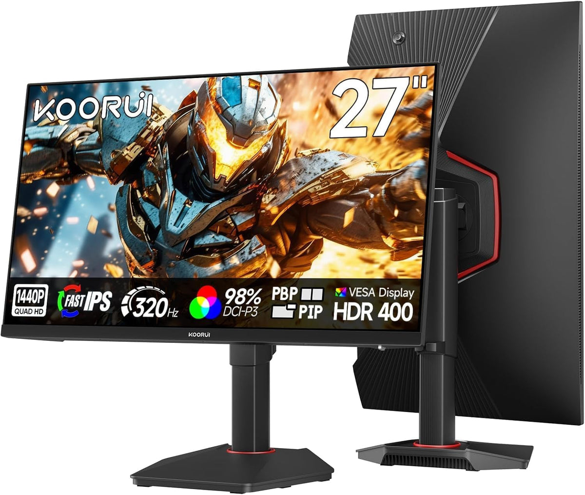 Monitor Gamer KOORUI G2721E de 27 pulgadas, 320Hz, Fast IPS, QHD 1440P, 1ms, HDR 400, Adaptive Sync, compatible con VESA 75 * 75 mm, HDMI 2.0/DP 1.4, ajuste ergonómico