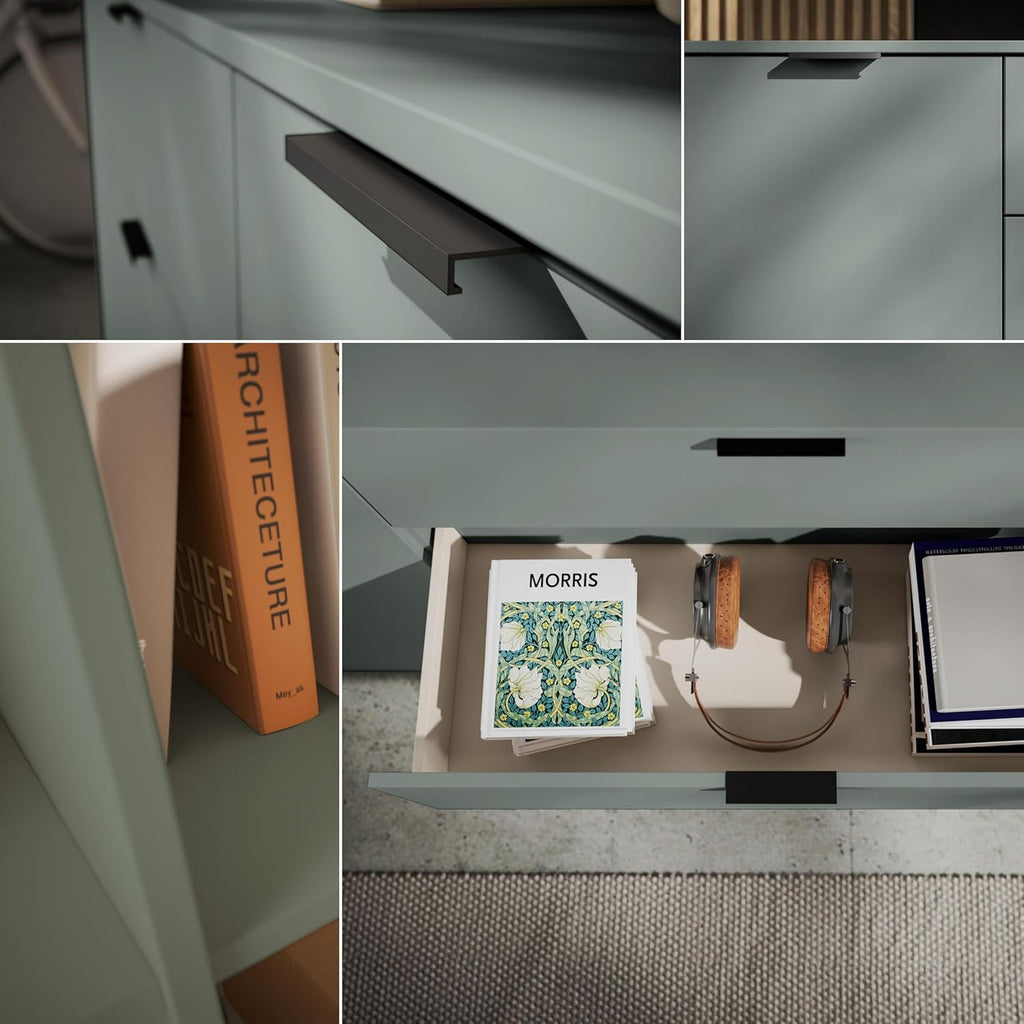 Mueble de TV LINZ en color salvia - Mueble de televisión moderno con cajones y gran espacio de almacenamiento - 180 x 47 x 40 cm (ancho/alto/fondo)