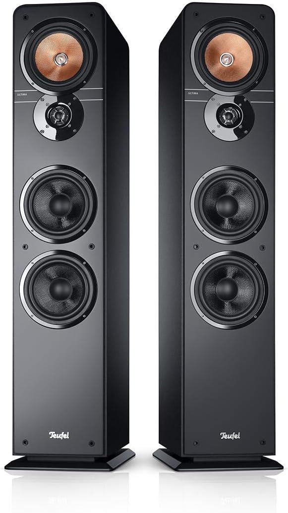 Altavoces estéreo Teufel Ultima 40: par de altavoces de columna HiFi de gama alta, tweeter con corrector de fase, sistema de 3 vías, bass-reflex de doble tubo, música, sonido de cine, juegos - negro