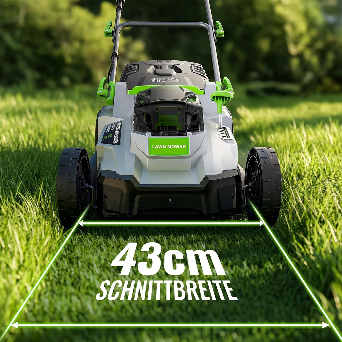 Cortacésped a batería ETOOLAB 40V (2x20V), 43 cm de ancho de corte, hasta 500 m², motor sin escobillas, kit de mulching, cesta de recogida de 50 L, 6 alturas de corte, 25-75 mm de altura de corte, 2 baterías de 4,0 Ah + cargador