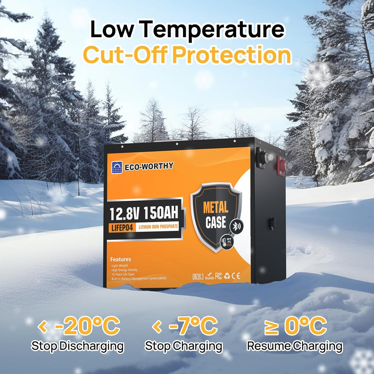 Batería de litio ECO-WORTHY Bluetooth 12V 150Ah con protección de baja temperatura, 1920Wh LiFePO4 12V 150Ah Bluetooth, batería LiFePO4 para autocaravana