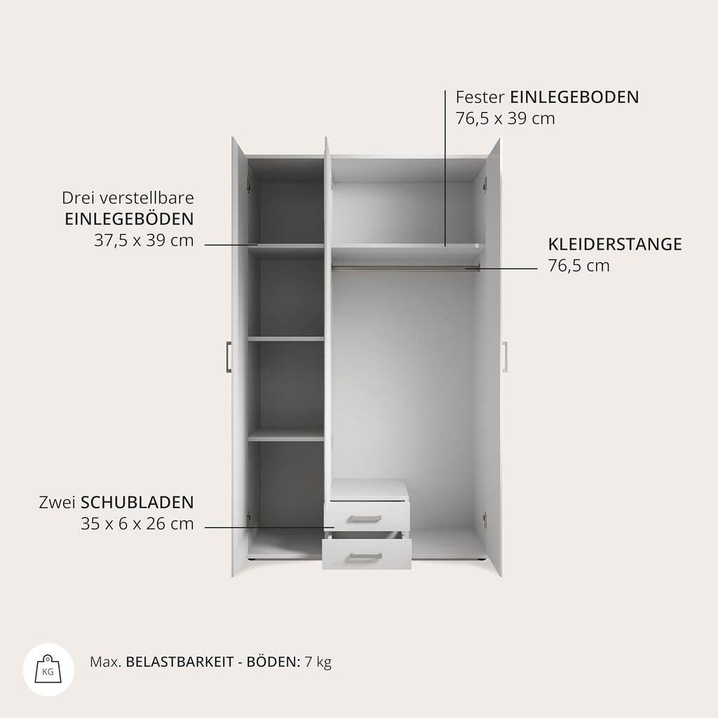 Stella Trading KARL Armario elegante de 3 puertas con gran espacio de almacenamiento - Armario versátil de puertas batientes en color blanco con puerta de espejo - 120 x 195 x 55 cm (ancho/alto/fondo)