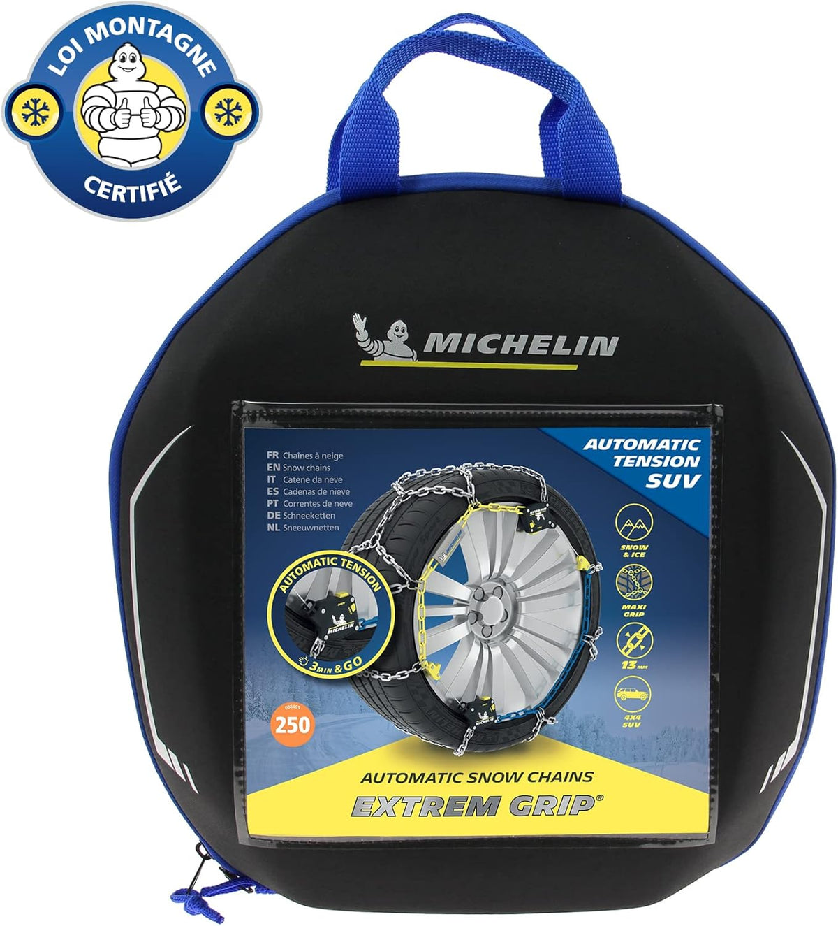 MICHELIN EXTREM GRIP AUTO 4x4, cadenas de nieve metálicas especiales para 4x4, SUV, autocaravanas, vehículos comerciales, N.º 250 - Tensión automática - Eslabones de 13 mm - Adherencia óptima en nieve y hielo