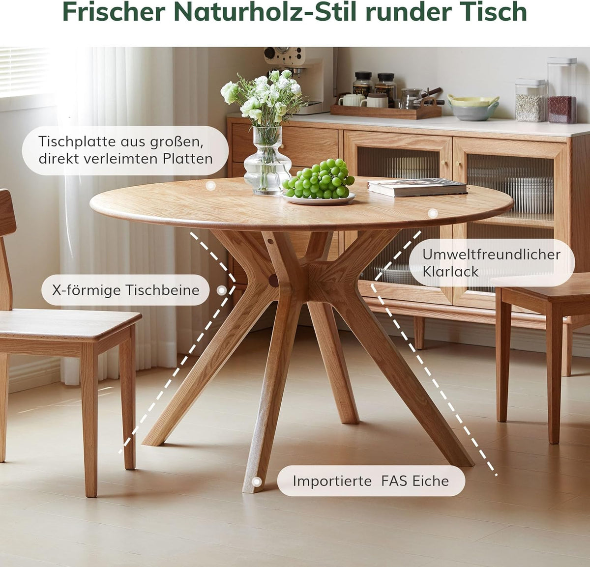 Mesa de comedor de madera maciza de roble YESWOOD, mesa redonda de 120 cm, 0% chapa, mesa de cocina moderna, mesa de comedor redonda, estable, mesa para 4-6 personas, 120x120x74,8 cm, color natural