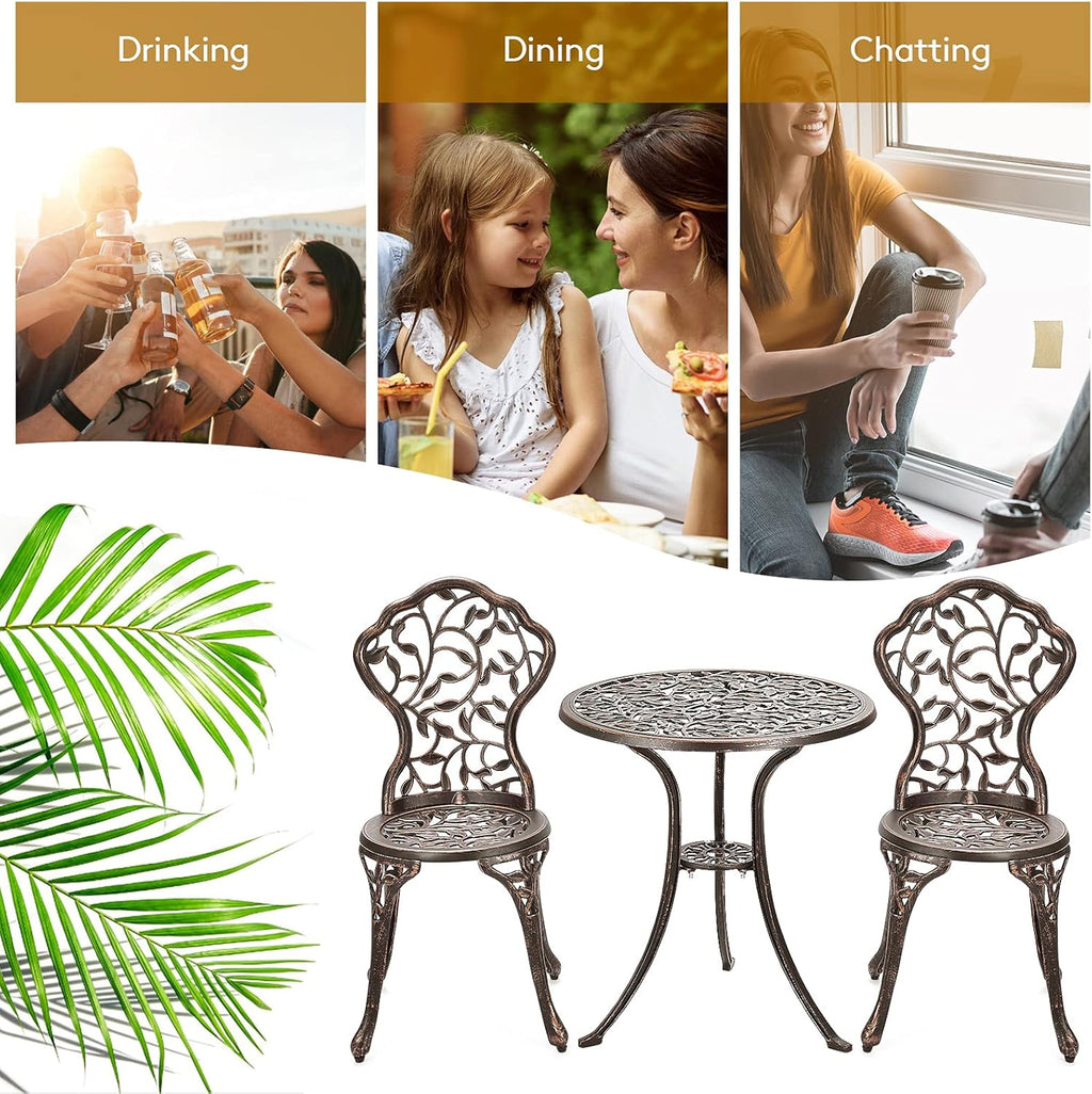 GIANTEX 3 TLG. Bistro Set, Bistrotisch mit 2 Stühlen, Gartenmöbel Set Alu, Gartenset Balkonset antik, runder Gartentisch, Balkonmöbel Set Garten Sitzgruppe 2 Sitzhocker Outdoor Bronze