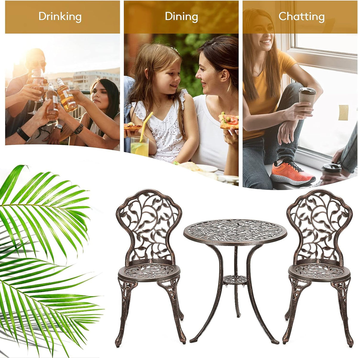 GIANTEX 3 TLG. Bistro Set, Bistrotisch mit 2 Stühlen, Gartenmöbel Set Alu, Gartenset Balkonset antik, runder Gartentisch, Balkonmöbel Set Garten Sitzgruppe 2 Sitzhocker Outdoor Bronze