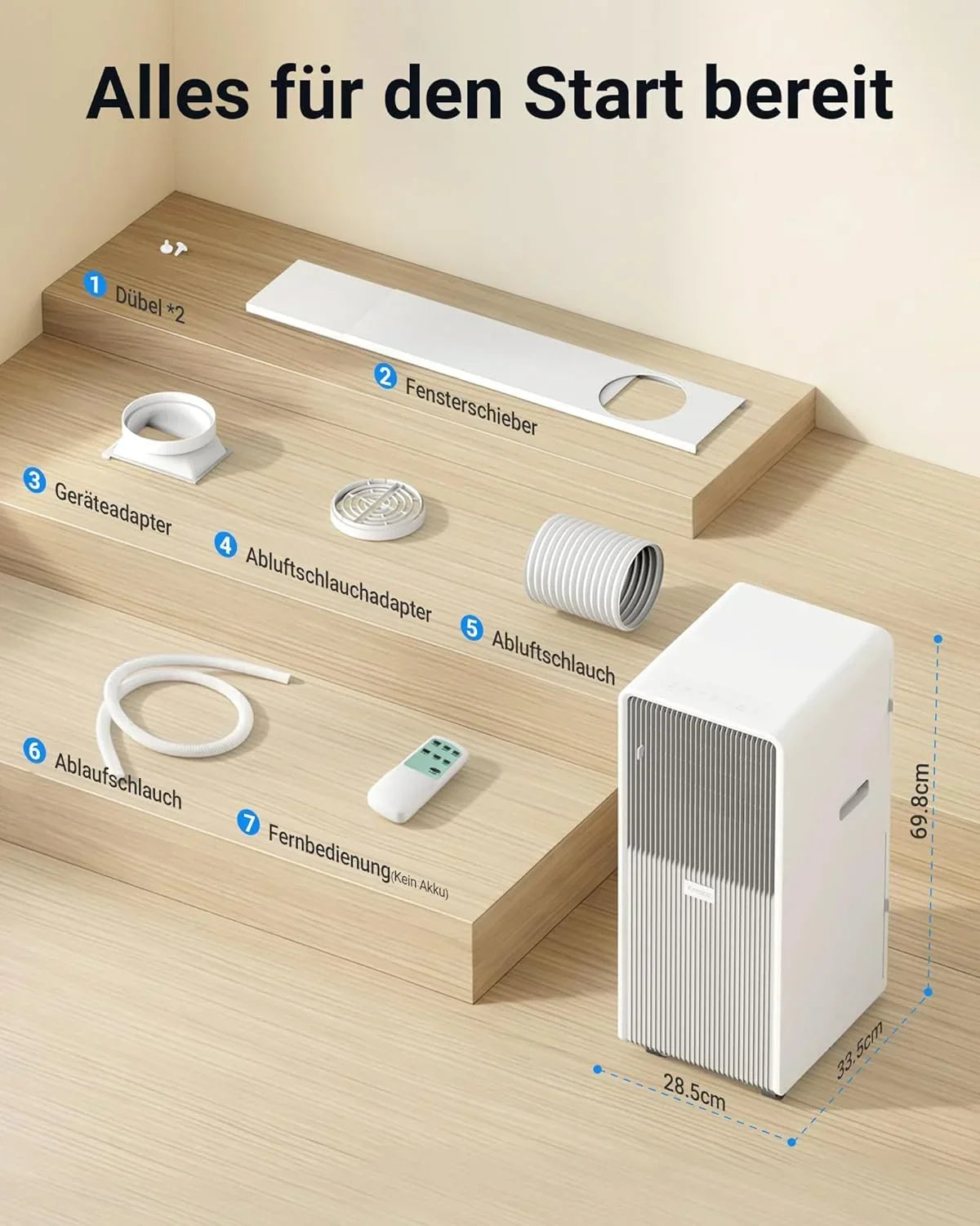 Aire acondicionado portátil A027C-09C 9000 BTU con tubo de escape, unidad de climatización 3 en 1 para habitaciones de hasta 33 m², temporizador de 24 horas, mando a distancia R-290