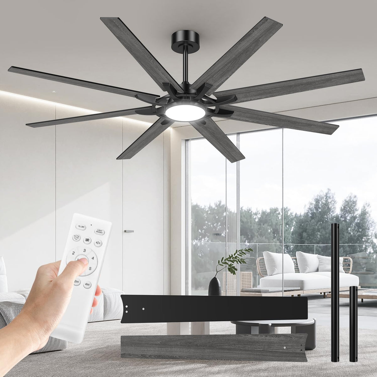 Ventilador de techo Airwit de 183 cm con luz, extra grande, de madera compuesta para exteriores, silencioso, con mando a distancia, lámpara con ventilador para terraza, industrial, habitaciones grandes