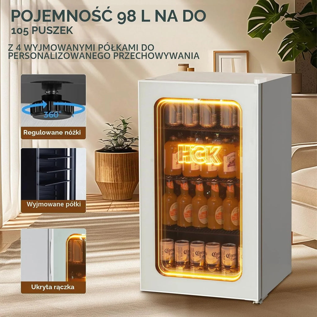 HCK Lodówka do napojów o pojemności 98 l, mini lodówka z pomarańczowym oświetleniem 3D i szklanymi drzwiczkami, lodówka kompaktowa 105 puszek z regulowanymi półkami na napoje gazowane, piwo lub wino