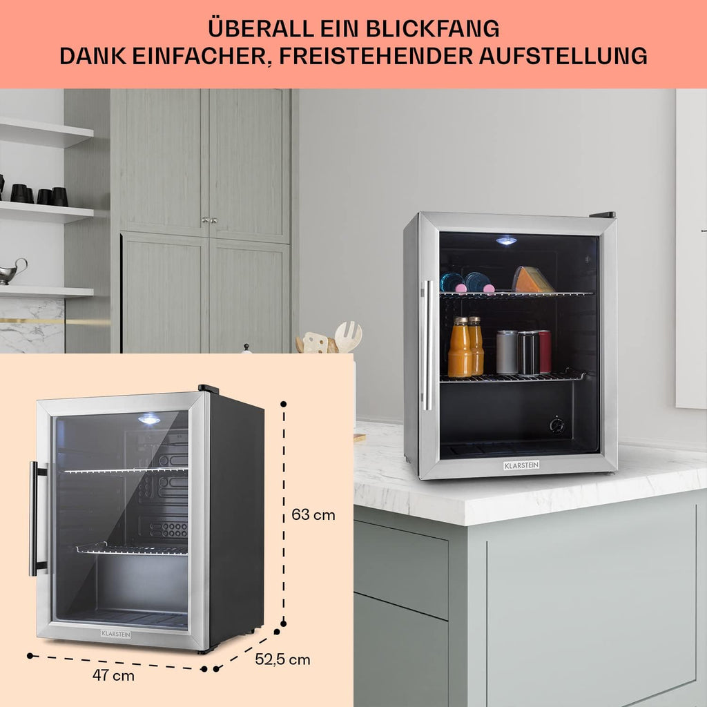 Mininevera Klarstein con puerta de cristal para habitaciones, refrigerador de bebidas con estantes ajustables, pequeño de 80 litros, frigorífico silencioso para interiores/exteriores