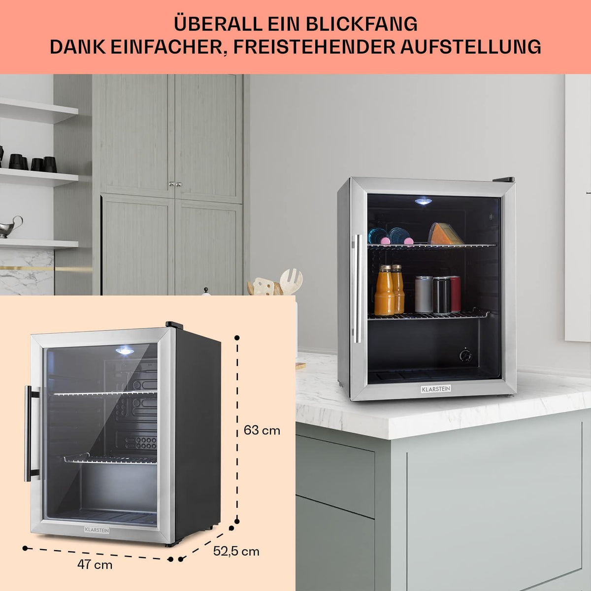 Mininevera Klarstein con puerta de cristal para habitaciones, refrigerador de bebidas con estantes ajustables, pequeño de 80 litros, frigorífico silencioso para interiores/exteriores