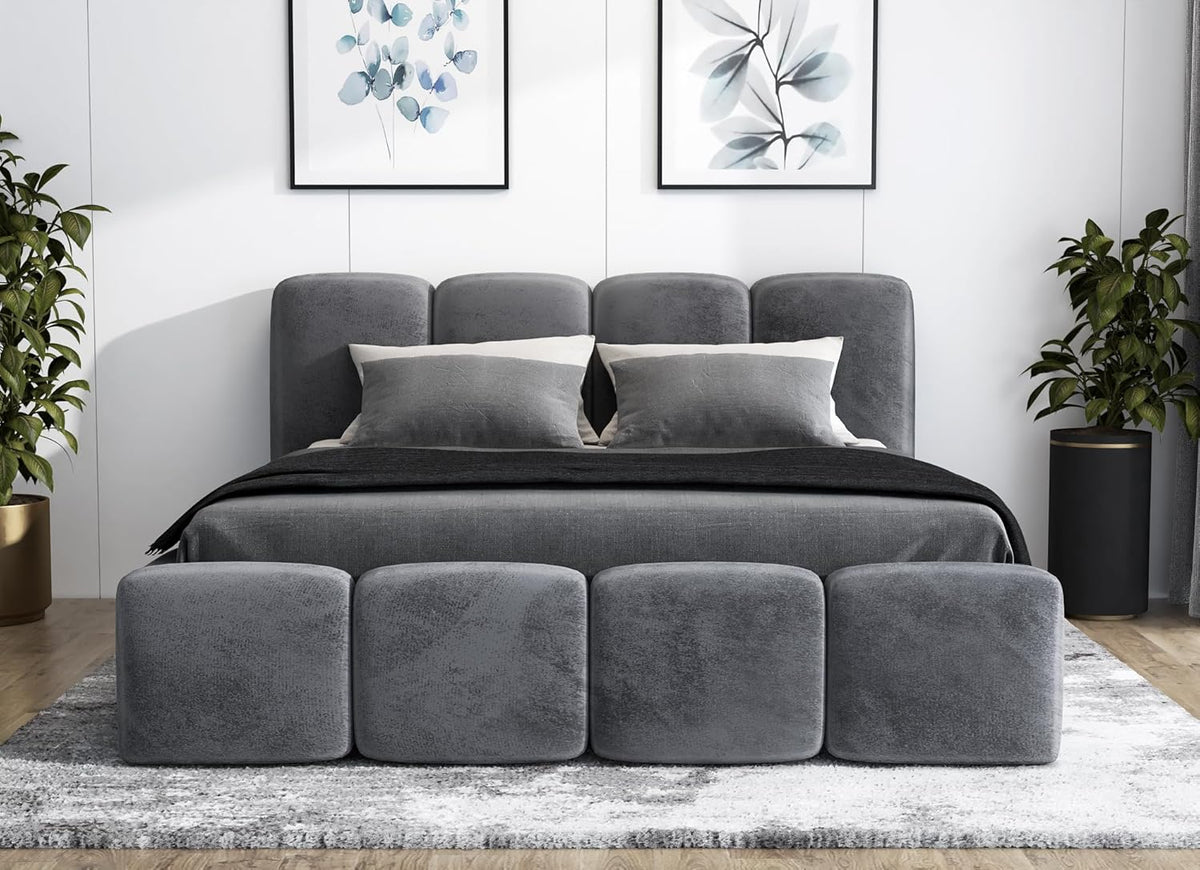 Cama tapizada A&J MöbelLand 180x200 con arcón y somier – DONA, cama con colchón y espacio de almacenamiento en gris oscuro