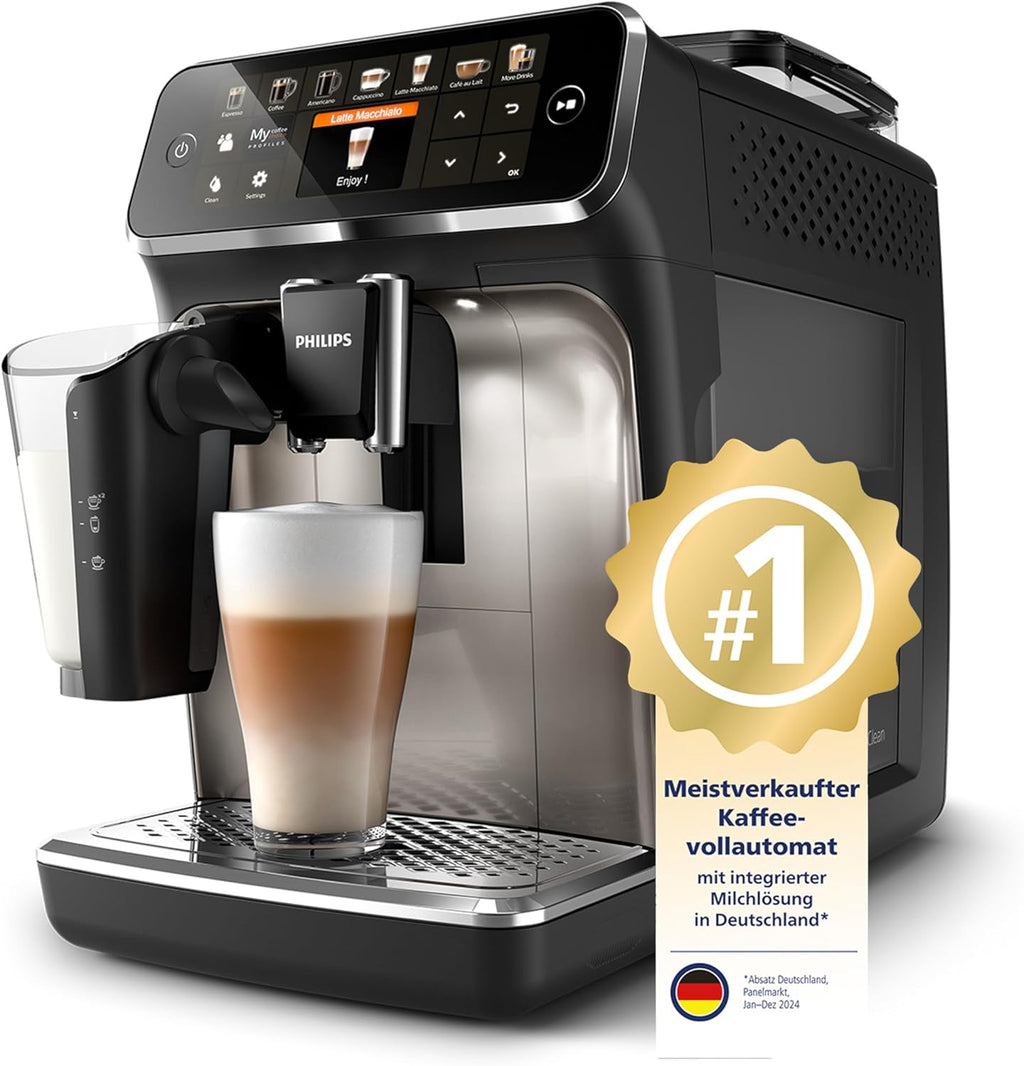 Cafetera espresso superautomática PHILIPS Serie 5400 - LatteGo, 12 bebidas, espumador de leche, pantalla táctil, 4 perfiles, acabado cromado (EP5447/90)