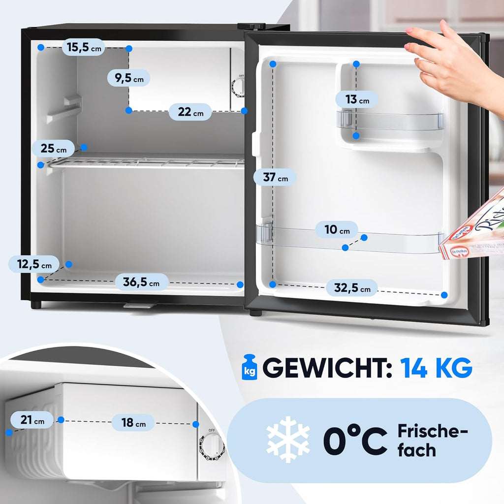Mininevera Stillstern E 45L con descongelación automática, cerradura, compartimento de congelación, silenciosa, ideal para cocina, oficina, dormitorio, hoteles y apartamentos pequeños, frigorífico pequeño, minibar, nevera para bebidas