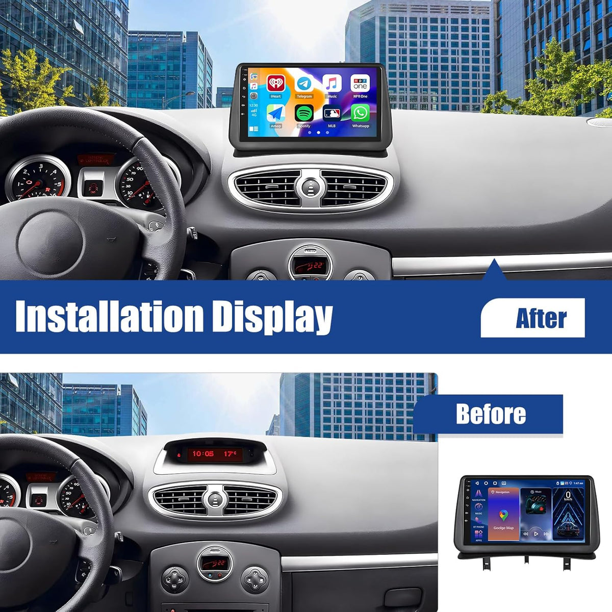 Autorradio SIXWIN 4+64G Android 13 para Renault Clio 3ª generación 2005-2014 con CarPlay, Android Auto, Mirrorlink, pantalla táctil de 9 pulgadas, navegador, WiFi, Bluetooth 5.0, FM/RDS, 32EQ y cámara de visión trasera