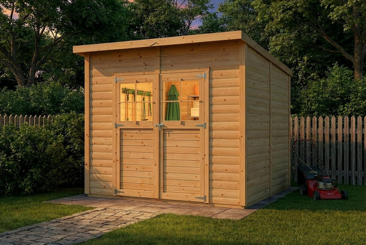 Cobertizo Alpholz Alster 251x254cm acabado natural con 19mm de grosor de pared y techo inclinado, incluye suelo