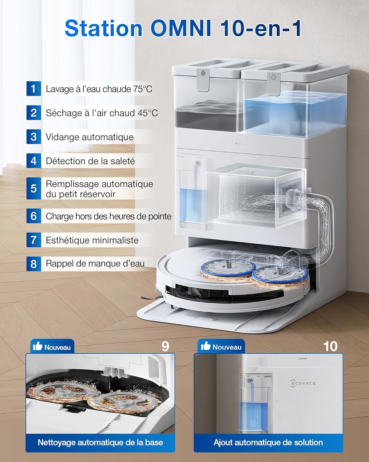 Robot aspirador ECOVACS T50 Pro Omni, 15000Pa mejorado respecto al T30 Pro Omni, cepillo lateral y mopa extensibles, adición automática de solución de limpieza, lavado con agua caliente a 75℃, blanco