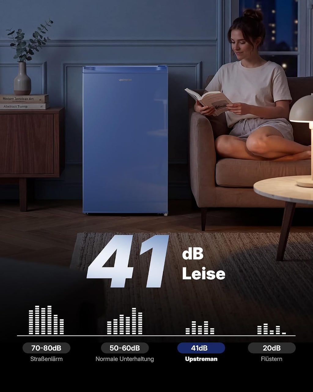Upstreman 91L Mini-refrigerador con compartimento de enfriamiento rápido, 5 niveles de temperatura (0-10 ℃), eficiente energéticamente, funcionamiento silencioso de 41 dB, compacto y espacioso para dormitorio universitario/oficina, BR321-Azul