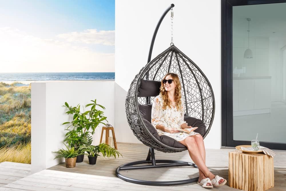 riess-ambiente Silla colgante de exterior LOFT gris antracita silla de jardín incluye cojín resistente a la intemperie