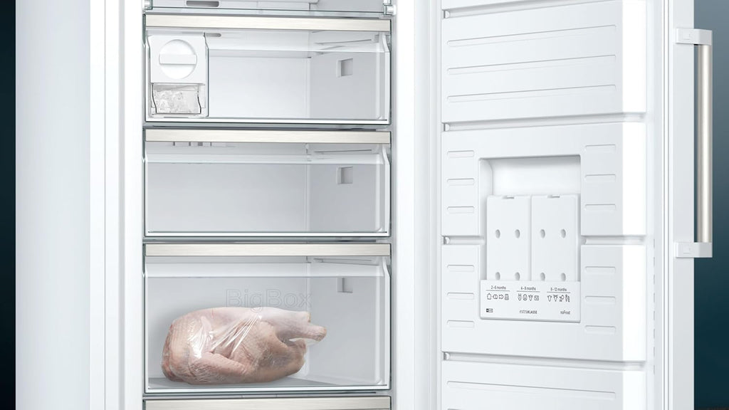 Congelador independiente Siemens GS51NAWCV iQ500, 161 x 70 cm, 289 L, noFrost nunca más tendrá que descongelar, bigBox espacio para alimentos congelados grandes, varioZone estantes y cajones de cristal flexibles, blanco