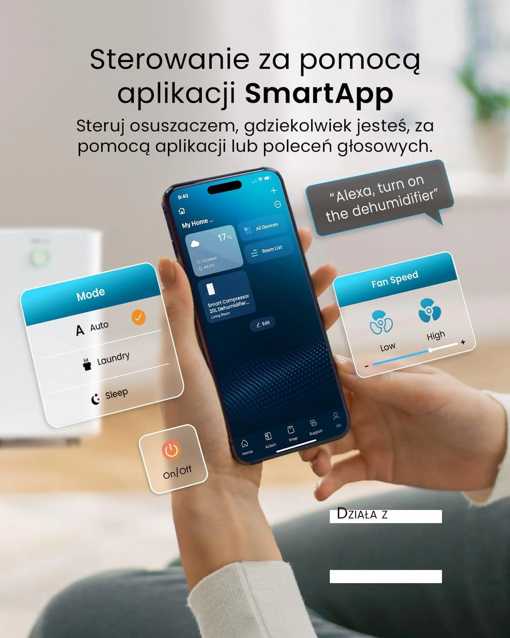 Inteligentny osuszacz kompresorowy Pro Breeze 20 l/dobę ze zbiornikiem na wodę o pojemności 4 l, funkcją suszenia prania i automatycznym czujnikiem wilgotności - usuwanie pleśni z 24-godzinnym wyłączn