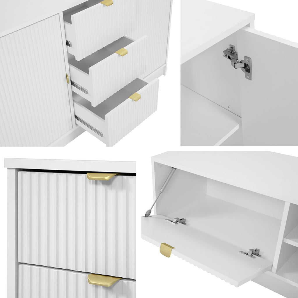 Escritorio Mirjan24 Tireno Bis, 9 cajones con frentes acanalados, escritorio para estudiantes, mesa de ordenador, escritorio infantil, mesa de trabajo, mesa para PC, habitación juvenil, habitación infantil (blanco velvet)
